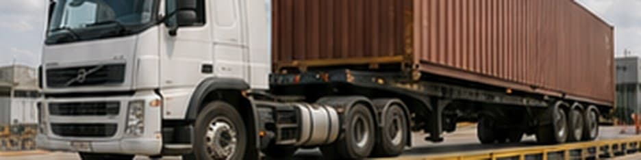 Carreta com contêiner posicionada sobre a balança rodoviária