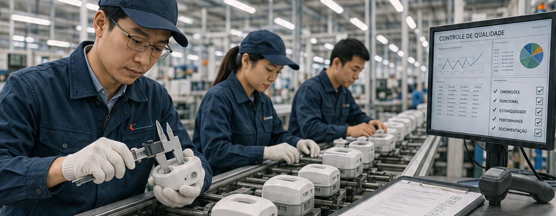 Inspeção de peças durante a produção na linha