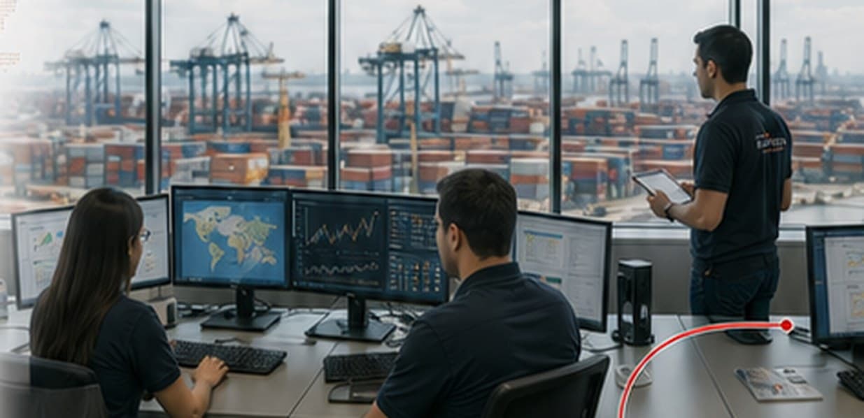 Analista avaliando indicadores de mercado em múltiplos monitores