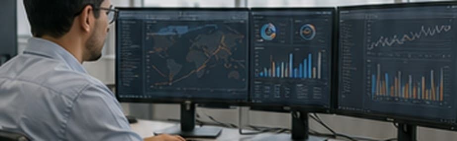 Analista avaliando indicadores de mercado em múltiplos monitores